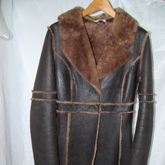 M Petite❤️JOIE Sheepskin Shearling Leather Military TRENCH COAT LONG Tall JACKET